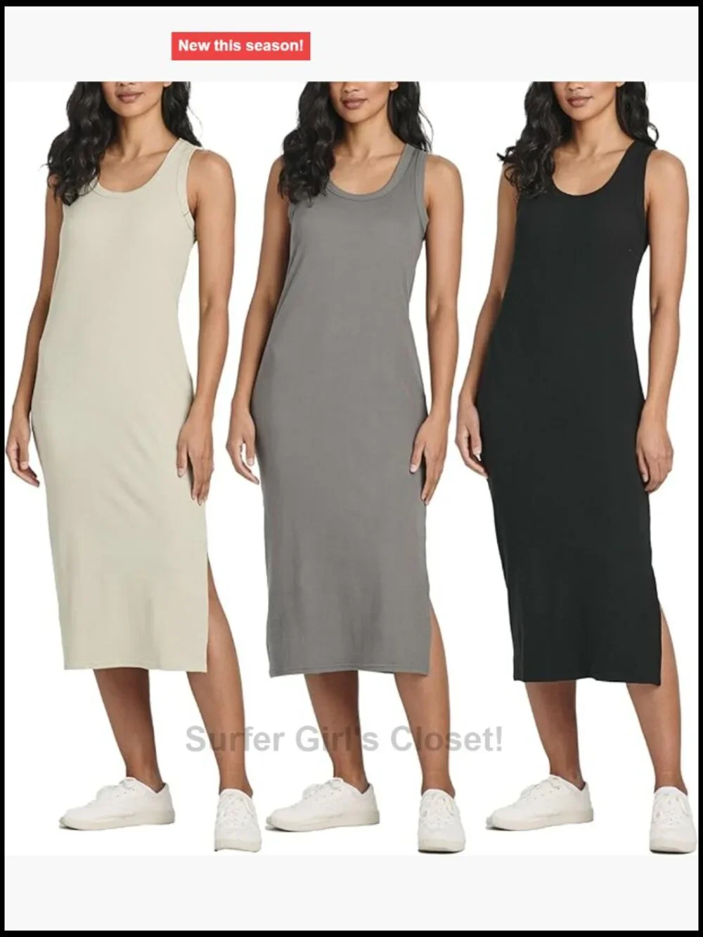 3 Pack Ribbed Knit Sleeveless Crew Neck Tank Midi Shift Dress with Slit